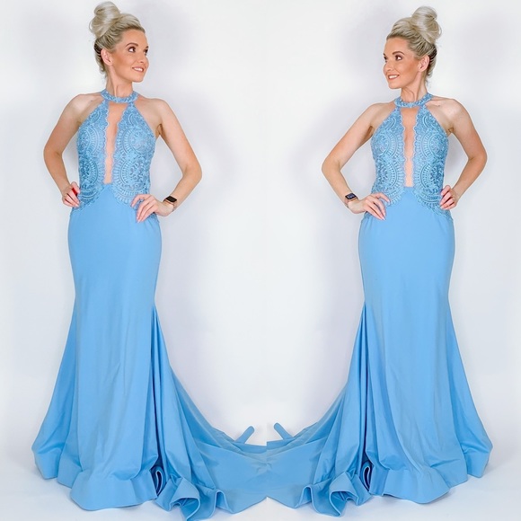 Blue Halter Lace Couture Pageant Prom Dress - Picture 3 of 8
